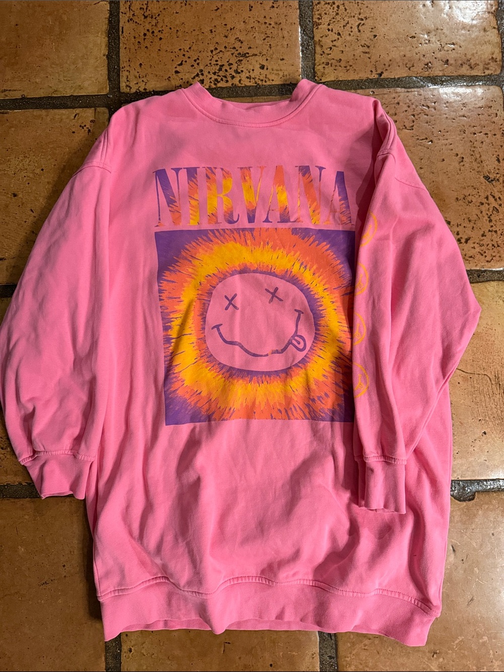 H&M Pink Nirvana Graphic Crewneck with Yellow & Purple Sunburst